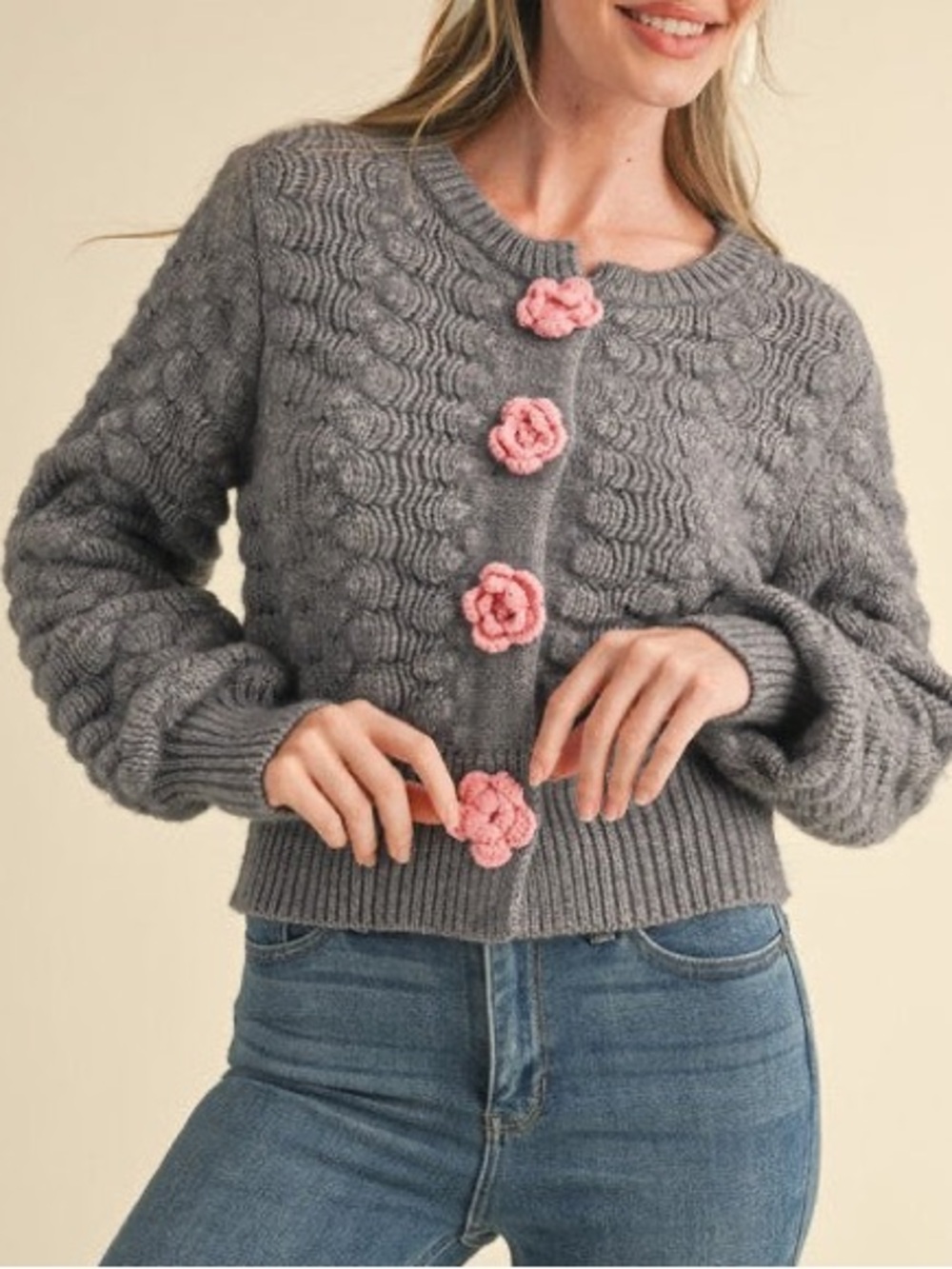 &merci Gray Cardigan with Pink Floral Buttons